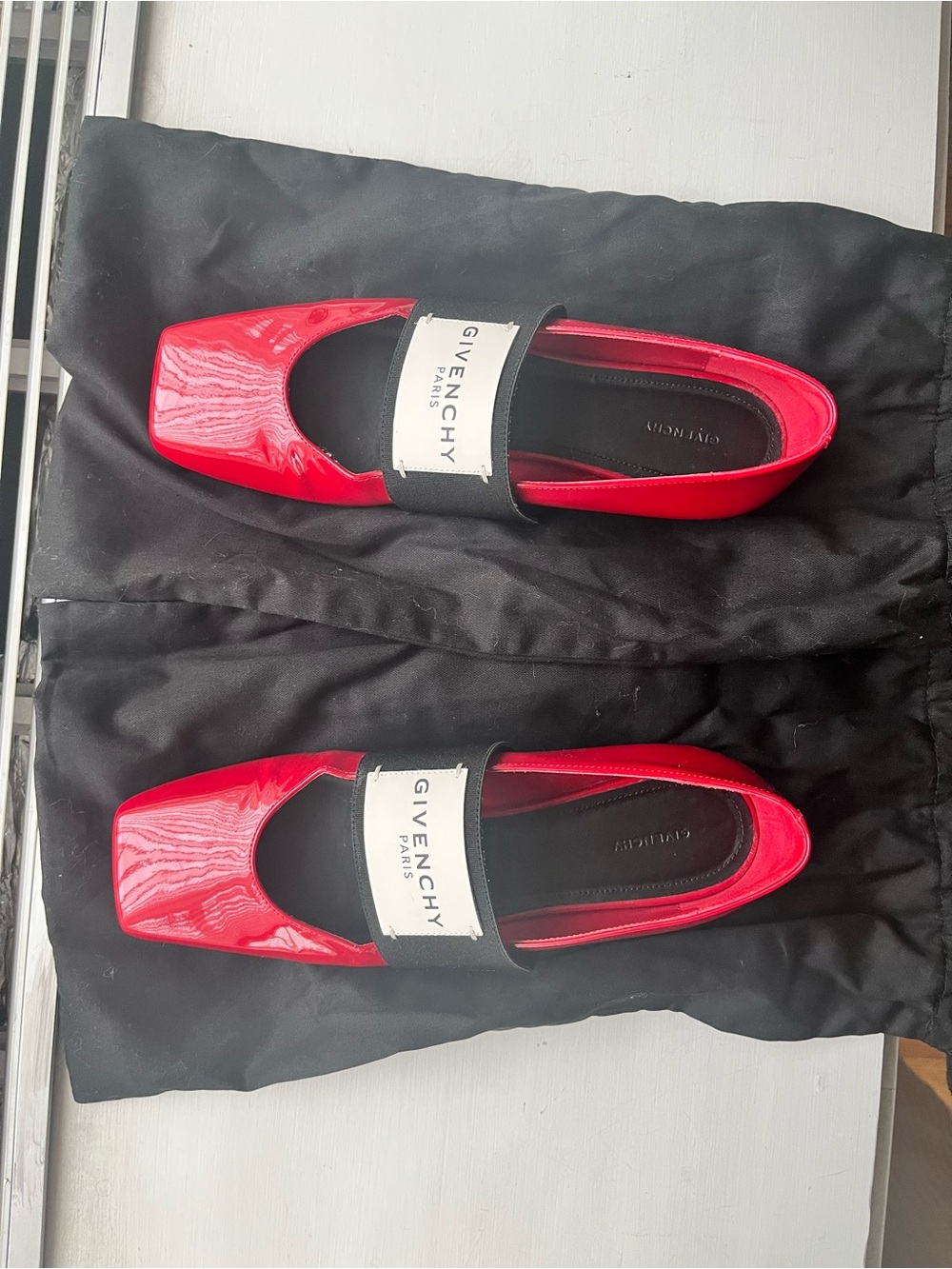 Givenchy Red Patent Leather Slip-On Loafers with Black & White Strap